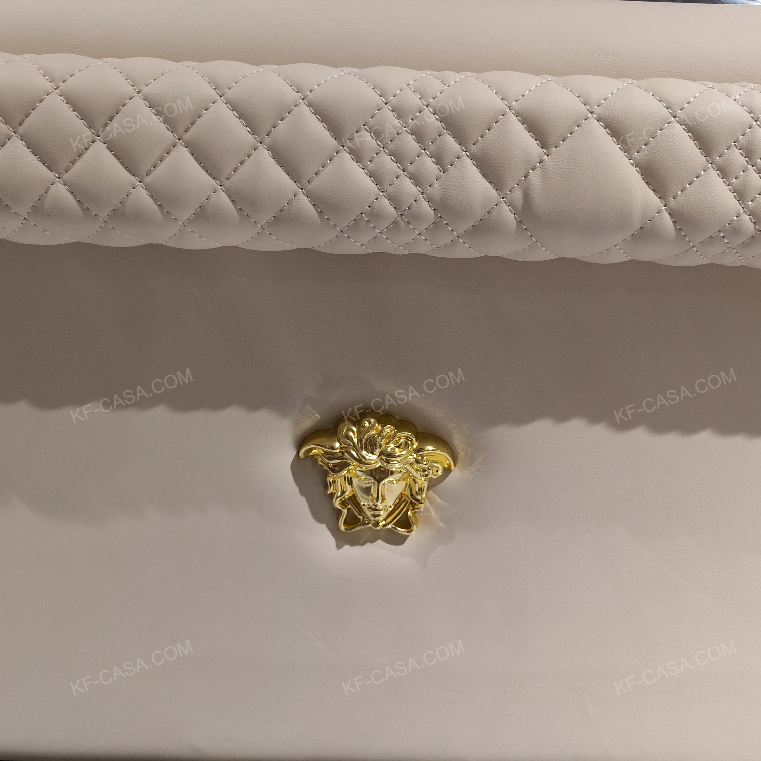 Creamy Ivory Upholstered Bed with Diamond-Quilted Detailing, Gilded Emblem & High-Gloss Natural Wood Veneer Trim